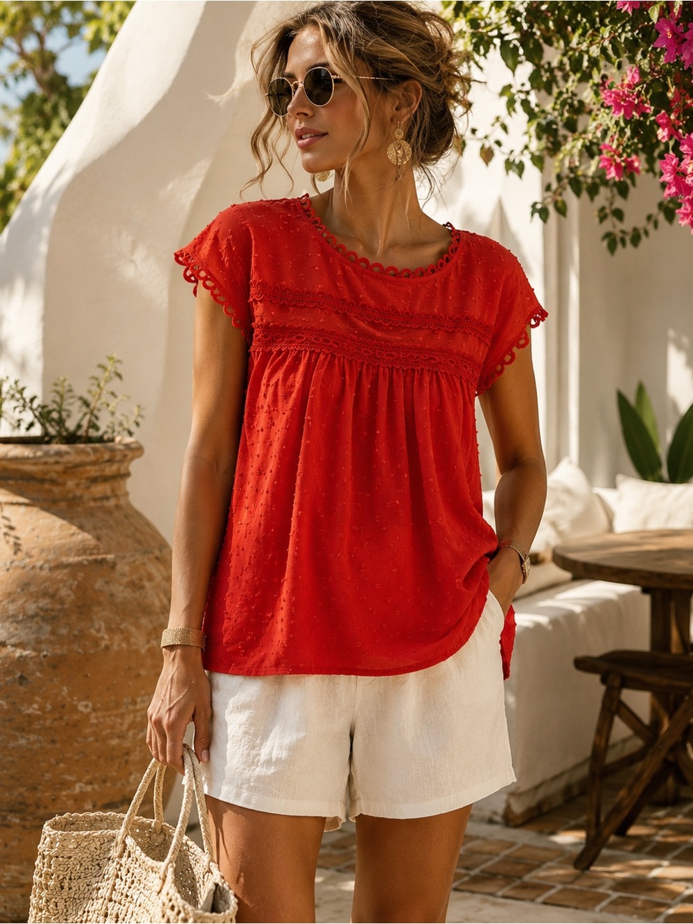Poetsky XL Swiss Dot Lace Yoke Blouse Red Romantic Euro Summer